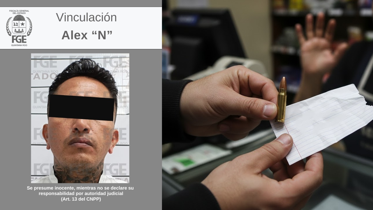 La Fiscalía de Quintana Roo vinculó a proceso a Alex “N” por enviar una nota y una bala exigiendo 30 mil pesos mensuales a un comercio; permanecerá en prisión preventiva durante el proceso.