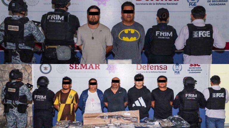 Autoridades capturaron a siete presuntos integrantes del Cártel de Sinaloa con drogas, rifle y autos robados en dos acciones en Cancún.