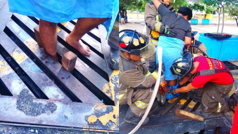Elementos del Heroico Cuerpo de Bomberos de Cancún rescataron a un hombre que quedó con el pie atrapado en una rejilla del estacionamiento de un centro comercial