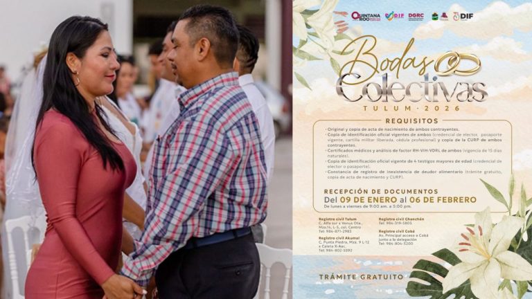 Las Bodas Colectivas 2026 en Tulum permiten a las parejas formalizar su matrimonio sin costo alguno.