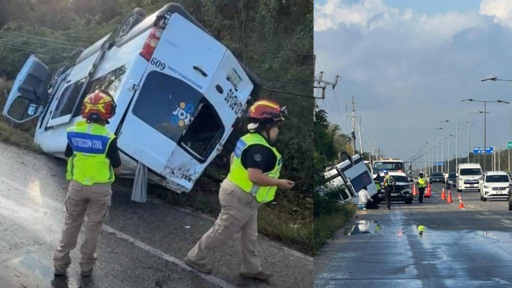 Una van de transporte turístico volcó en la carretera Puerto Aventuras–Playa del Carmen, dejando varios lesionados; uno de ellos fue hospitalizado de emergencia.