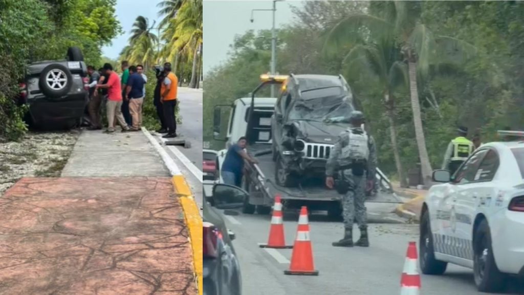 Una camioneta Jeep volcó en el km 25 de Zona Hotelera de Cancún tras perder el control por exceso de velocidad.